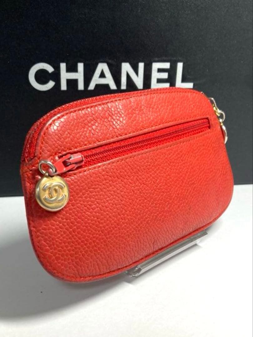 シャネル　キャビアスキン　ココマーク　ポーチ　ケース　カードケース　レッド