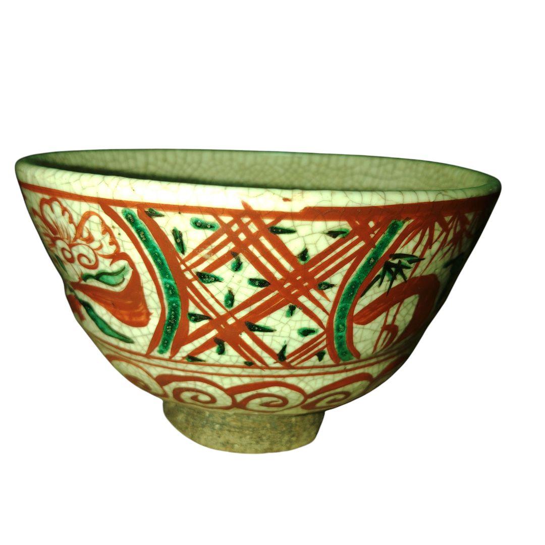 青木木米　呉州赤絵草花文茶碗　時代古作　切欠高台　木箱付