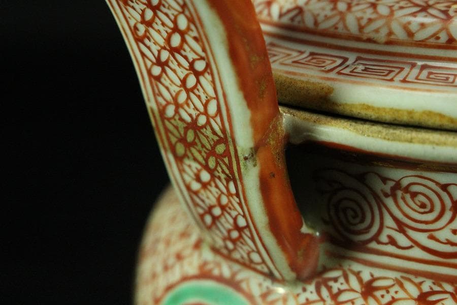 古美術 赤絵 獅子蓋 香炉 時代物 骨董 希少(K-YC530)