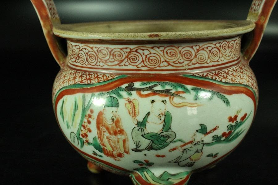 古美術 赤絵 獅子蓋 香炉 時代物 骨董 希少(K-YC530)