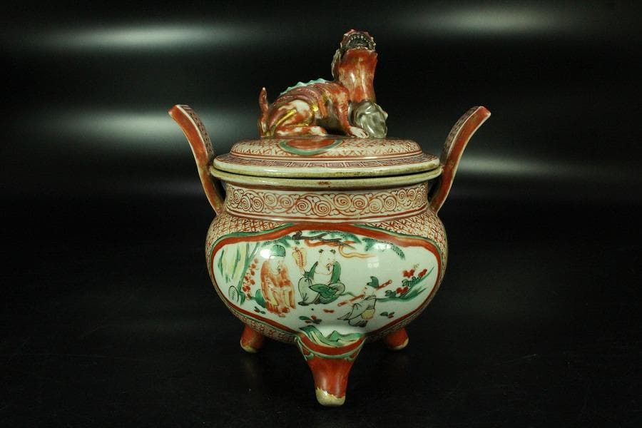 古美術 赤絵 獅子蓋 香炉 時代物 骨董 希少(K-YC530)