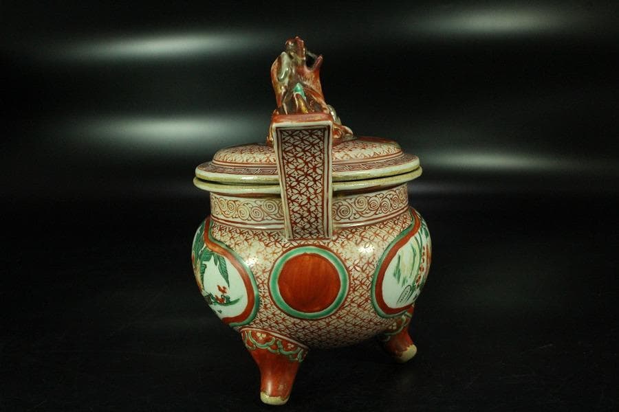 古美術 赤絵 獅子蓋 香炉 時代物 骨董 希少(K-YC530)