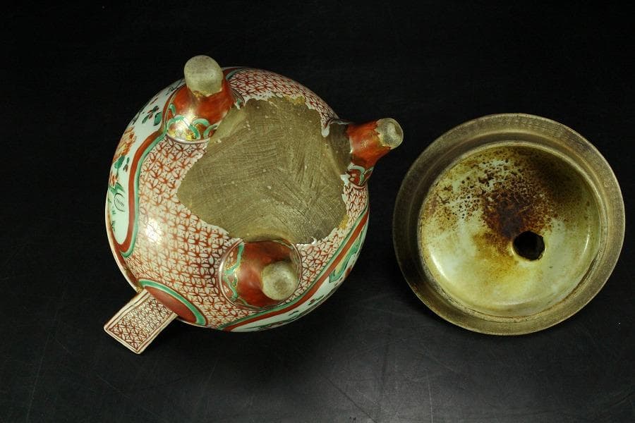 古美術 赤絵 獅子蓋 香炉 時代物 骨董 希少(K-YC530)