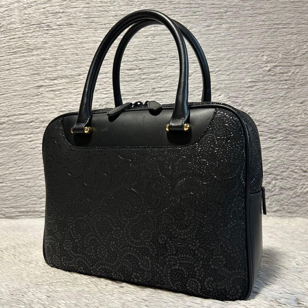 印傳屋 印伝　ハンドバッグ 鹿革 レザーバッグ　ブラック　甲州印伝 漆模様