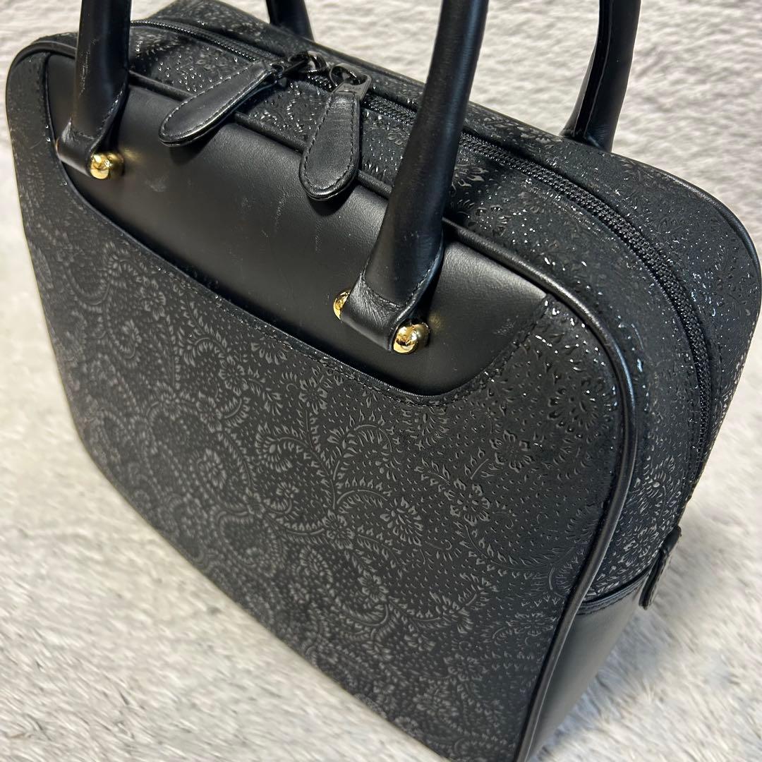 印傳屋 印伝　ハンドバッグ 鹿革 レザーバッグ　ブラック　甲州印伝 漆模様