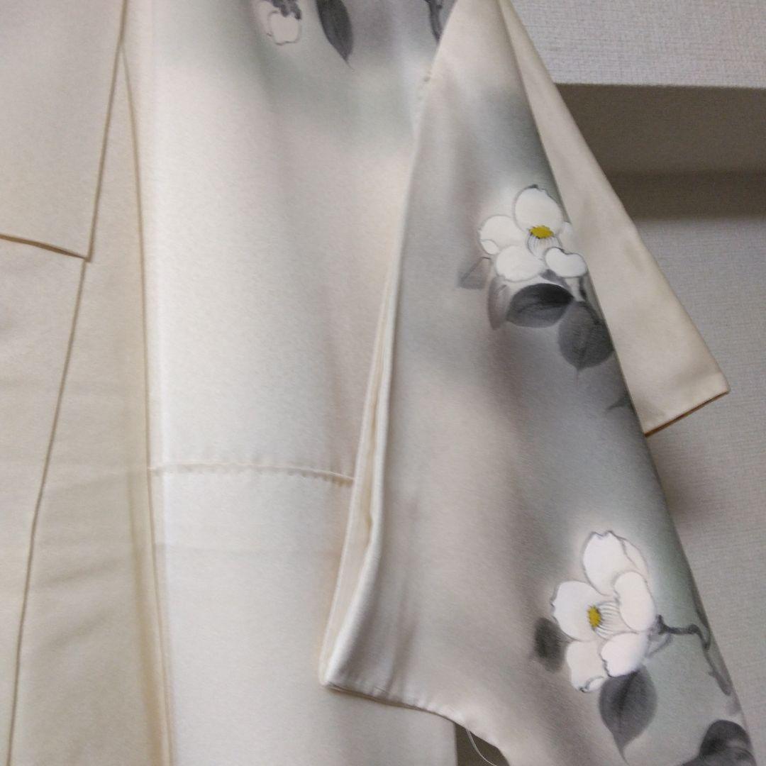 未使用品　訪問着 鳥と花模様白つばき グレーとホワイト、長襦袢付