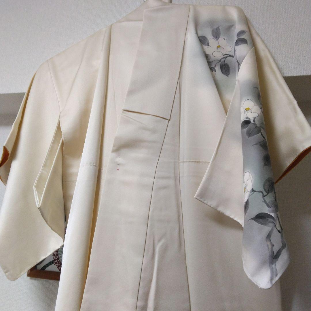 未使用品　訪問着 鳥と花模様白つばき グレーとホワイト、長襦袢付