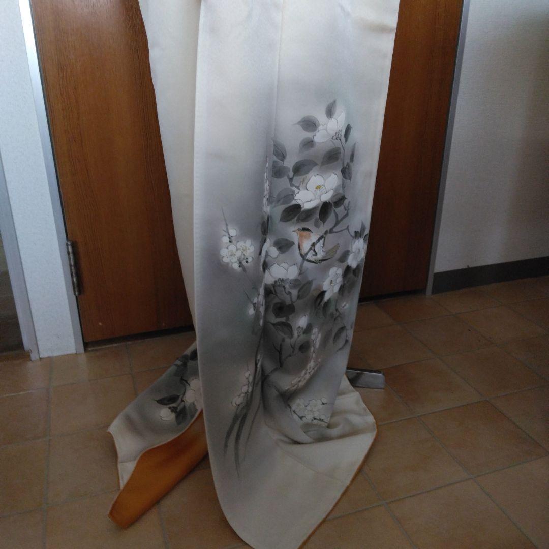 未使用品　訪問着 鳥と花模様白つばき グレーとホワイト、長襦袢付