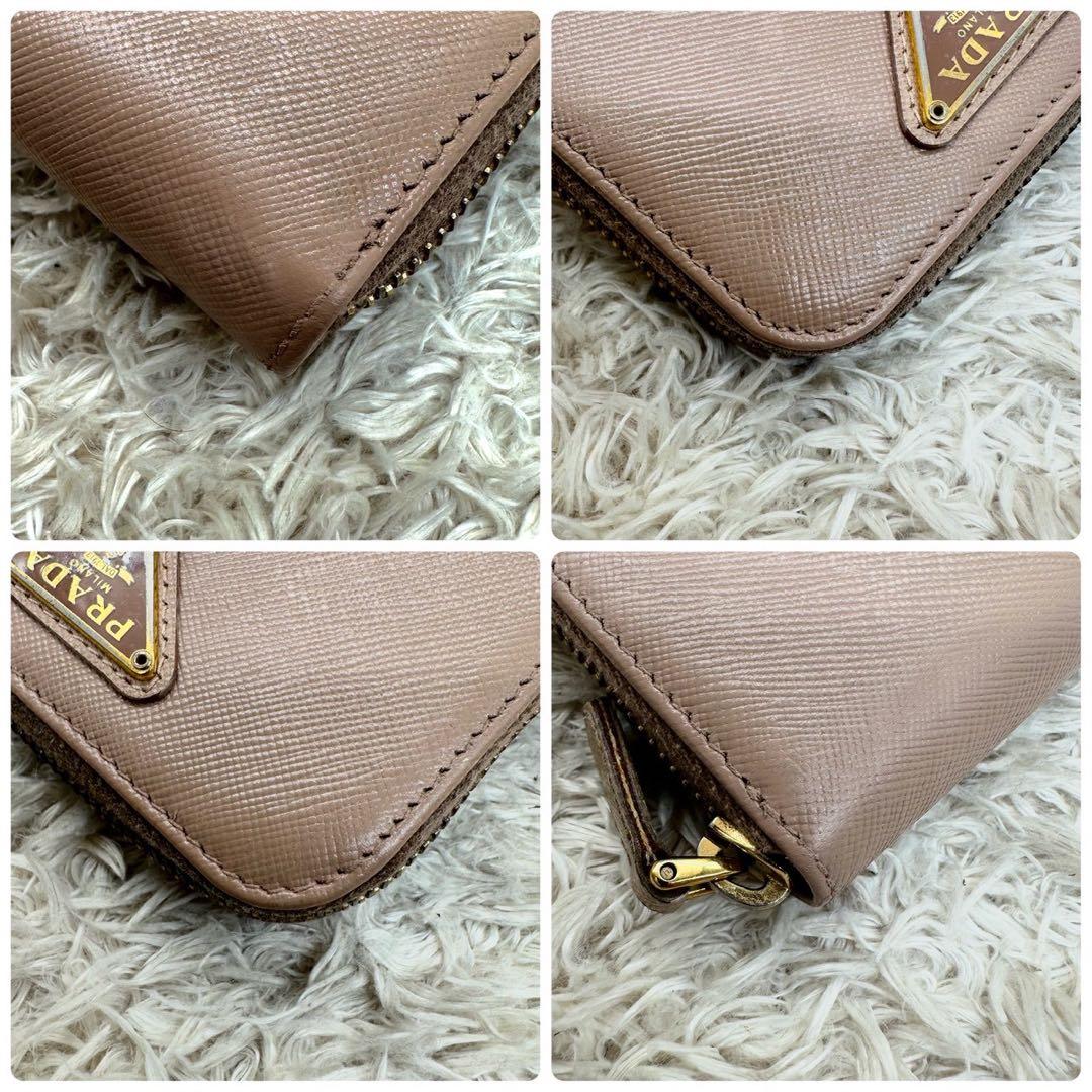 【美品】プラダ ケース 小銭入れ ベージュ サフィアーノ 三角ロゴ