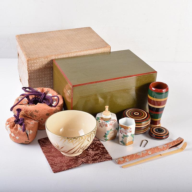 茶道具　面朱茶箱　京焼　山川巖作　茶碗　独楽棗など　九点一式　V　R8493