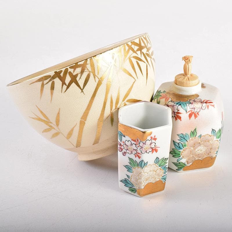 茶道具　面朱茶箱　京焼　山川巖作　茶碗　独楽棗など　九点一式　V　R8493