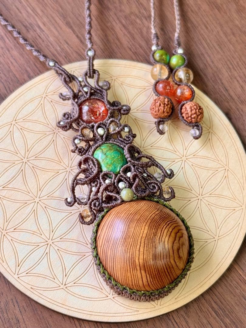 専用♡まん丸◯屋久杉＆チベタンターコイズ＆サンストーンのマクラメ編みネックレス♡