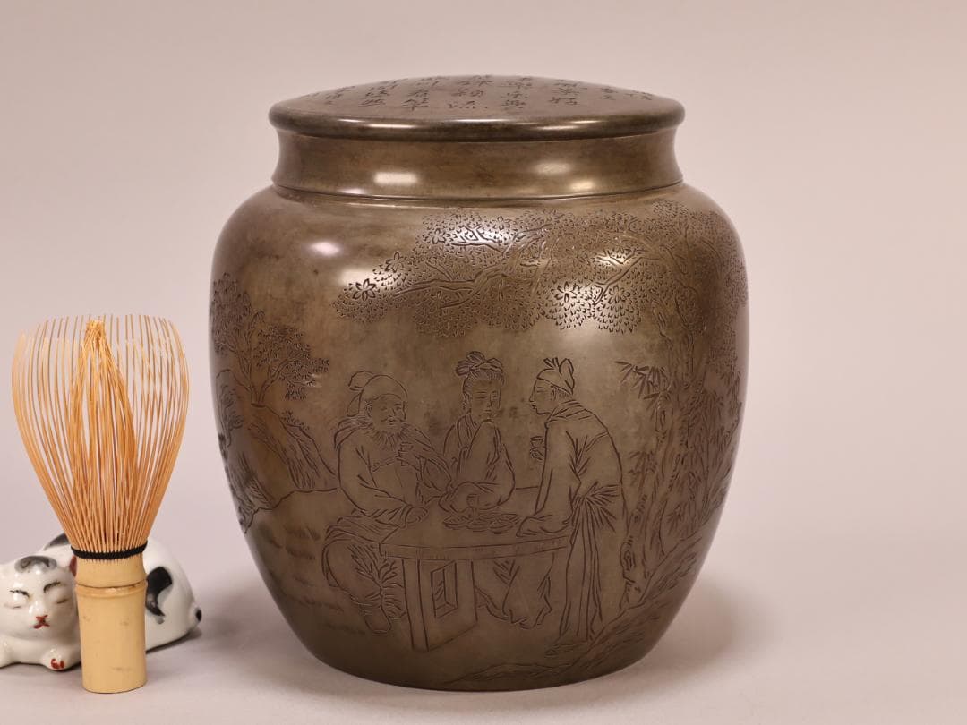 BK401　茶葉罐 蔵六居造 錫刻人物詩文図巨大茶心壺 茶筒 茶入 茶壷 茶道具