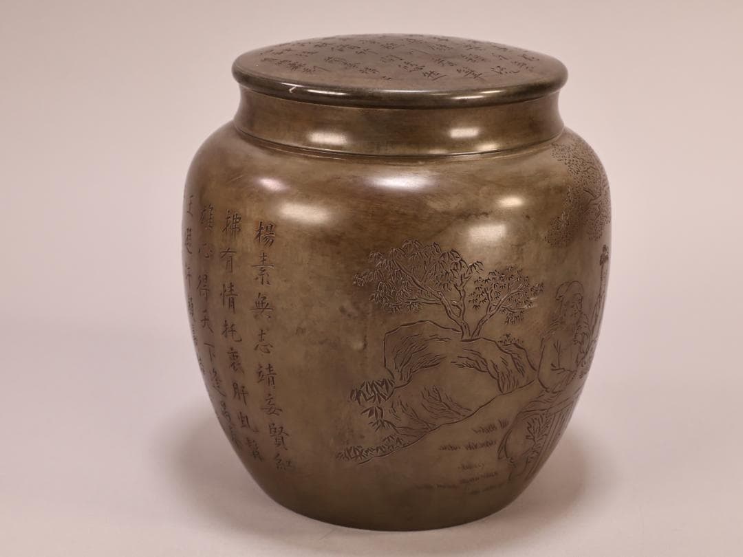 BK401　茶葉罐 蔵六居造 錫刻人物詩文図巨大茶心壺 茶筒 茶入 茶壷 茶道具