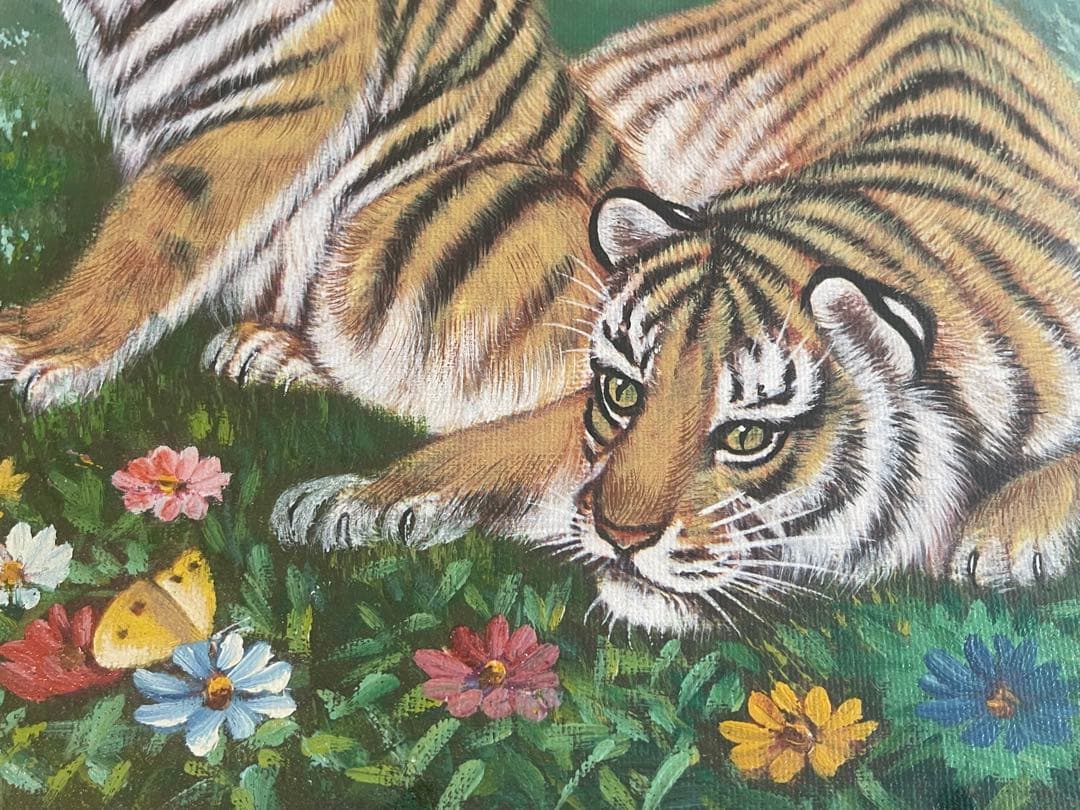 【開運絵画】「水辺の虎と蝶」の油彩画　超絶技巧　L.Chen