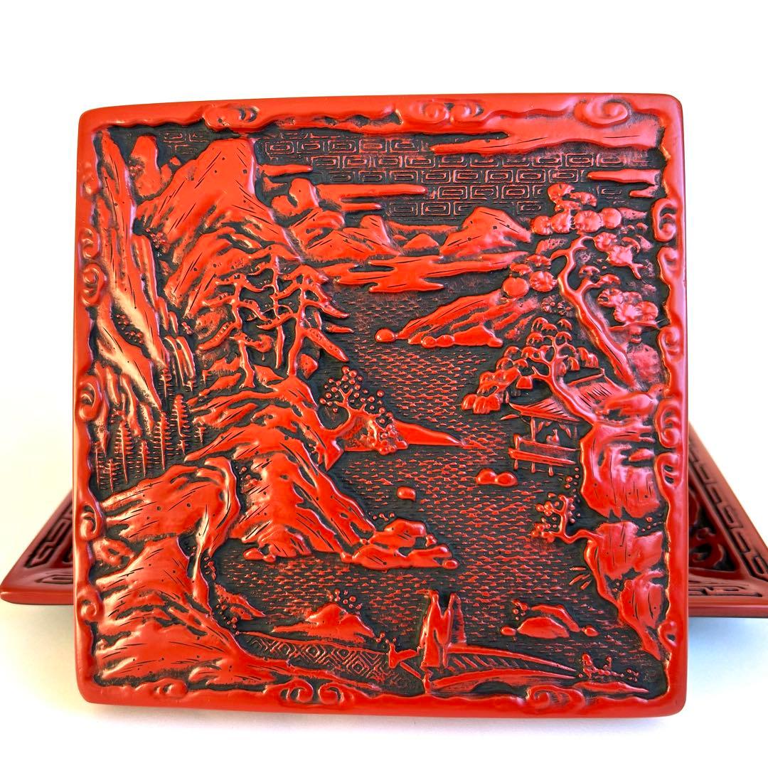 【希少】美品　漆器 堆朱 木製　手彫り　彫刻漆器 仙台堆朱 蓋付き　重箱　2段