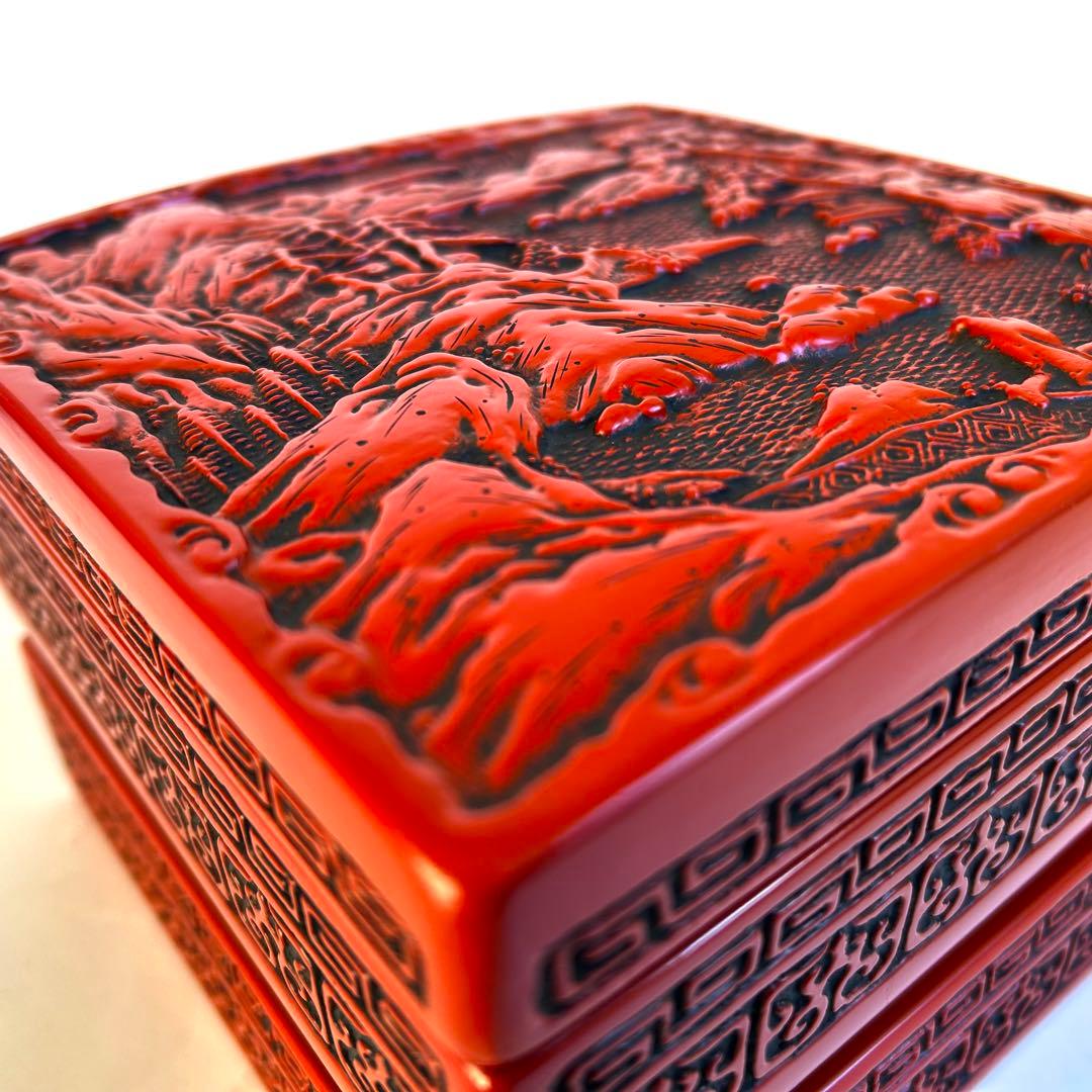 【希少】美品　漆器 堆朱 木製　手彫り　彫刻漆器 仙台堆朱 蓋付き　重箱　2段