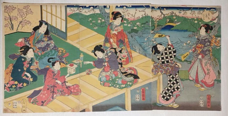 浮世絵、春色庭あそひ三枚綴り（偐紫田舎源氏)歌川房種画安政元年（1854)出版