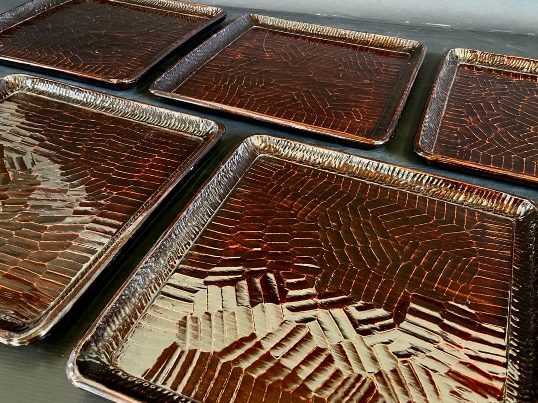 「母」 讃岐彫 四方膳 五客揃い 讃岐膳 讃岐盆 くり抜き （114Ｂ）