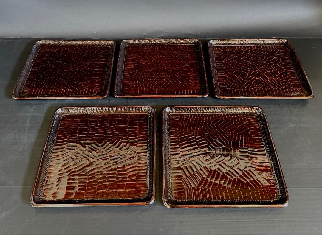 「母」 讃岐彫 四方膳 五客揃い 讃岐膳 讃岐盆 くり抜き （114Ｂ）