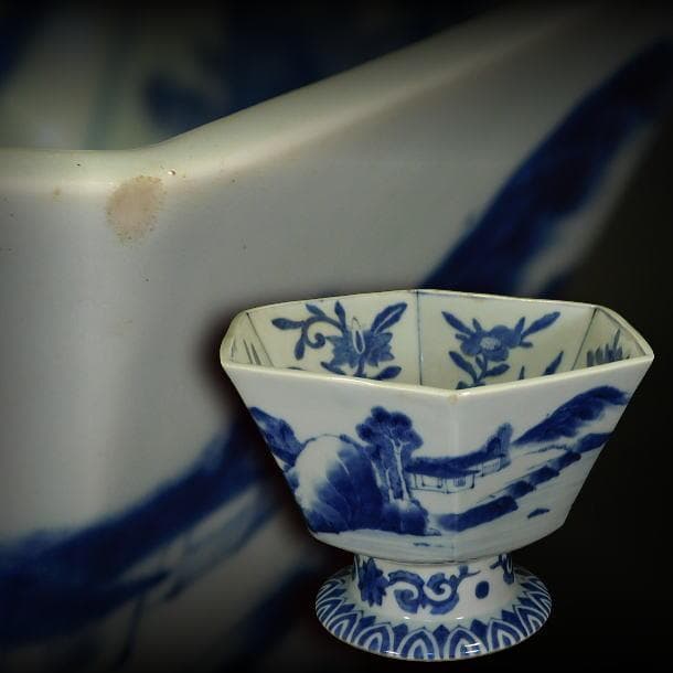 【時代磁器　山水染付内草花紋　八角形　大盃洗】