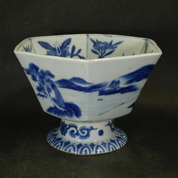 【時代磁器　山水染付内草花紋　八角形　大盃洗】