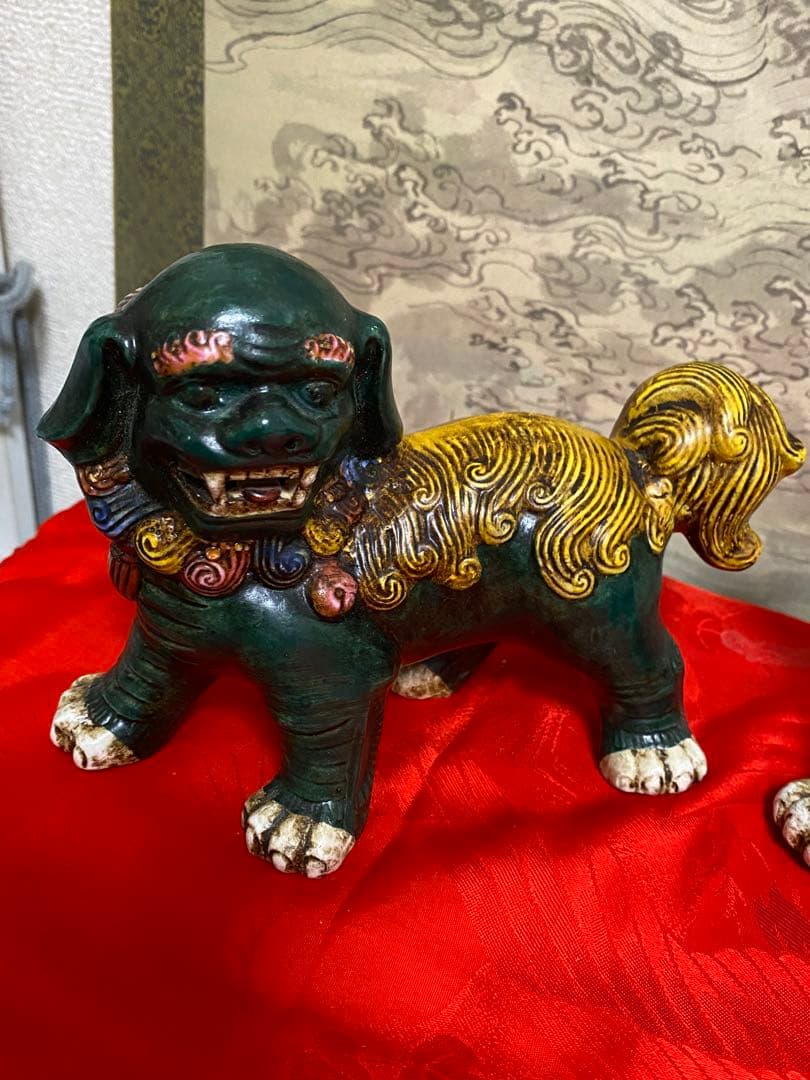 清朝　時代　獅子像 セット 多色 陶器製