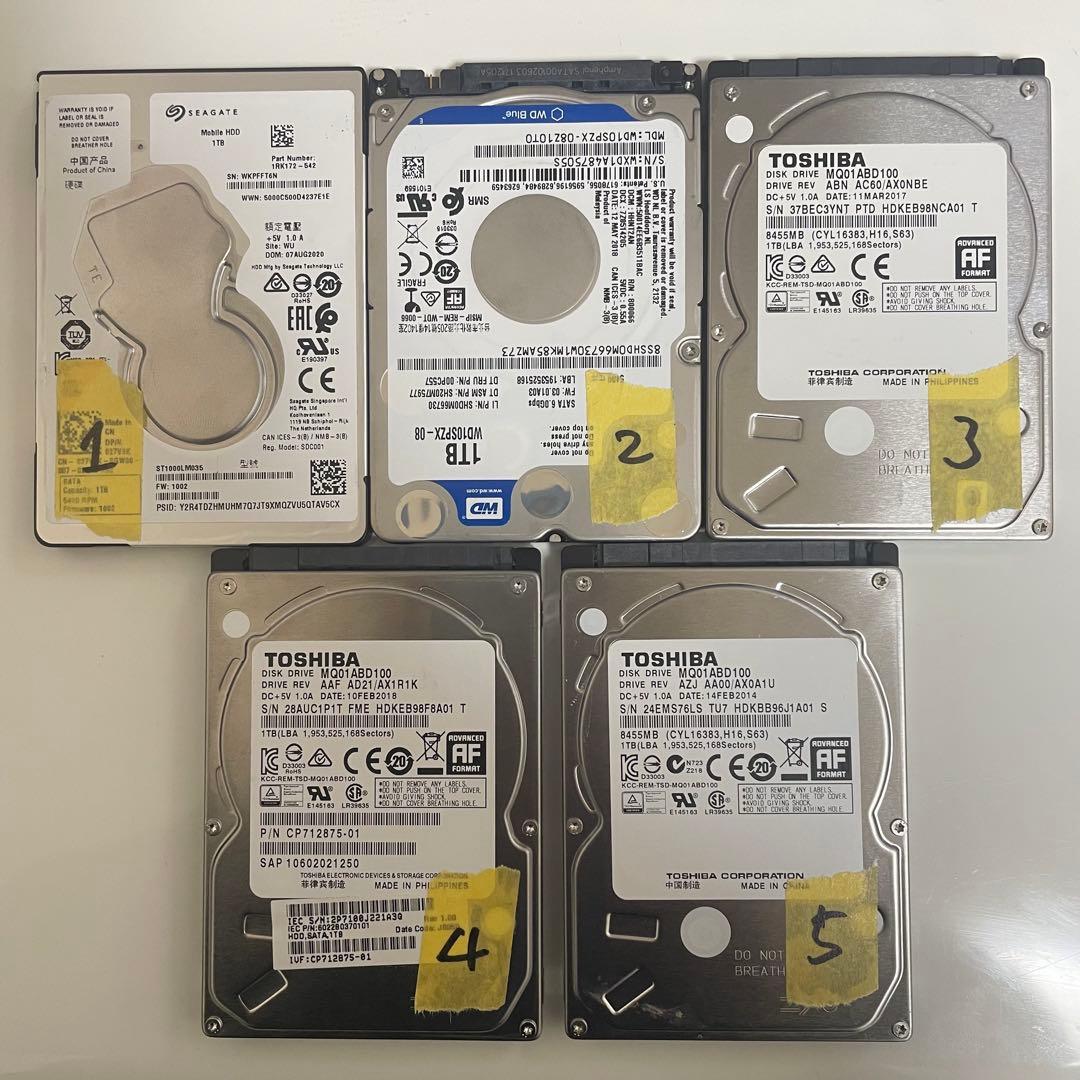 2.5インチ内蔵型HDD 1000GB×5個　正常動作品
