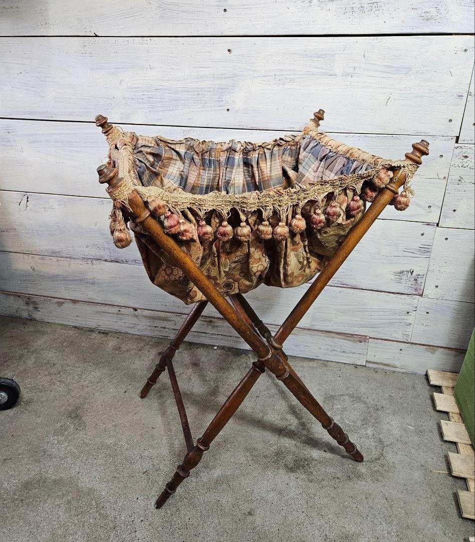 フランスアンティーク ソーイングスタンド 木製×ファブリック フリンジ 小物入れ