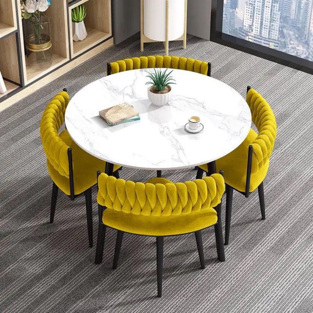 大理石調テーブル × 立体キルティングチェア 円形ダイニングセット