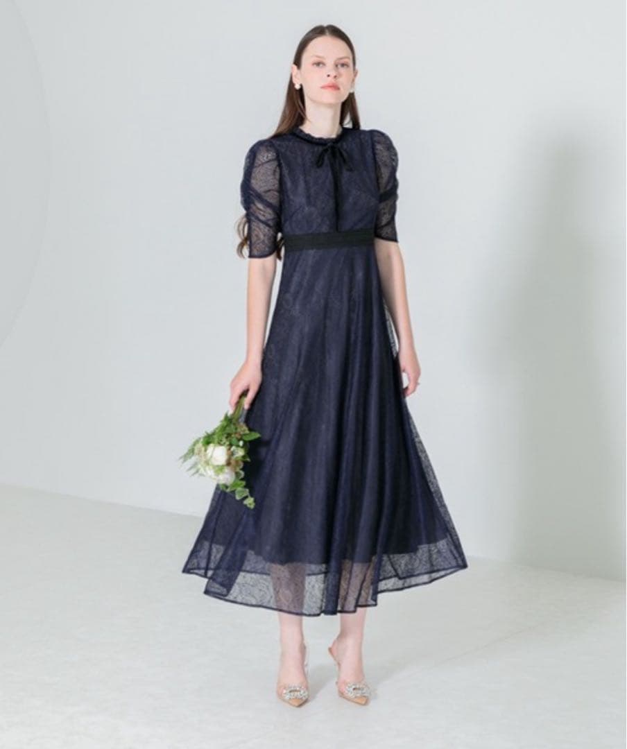 Leja ウエストマークパフスリーブ総レースロングドレスワンピース S