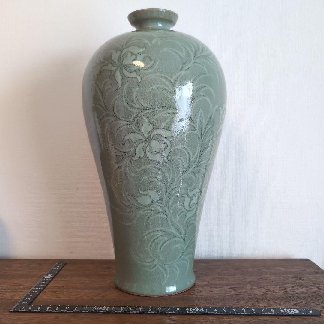 高麗青磁　白黒象嵌　朝鮮美術　梅瓶　骨董　陶芸　陶磁器　33.5cm高程