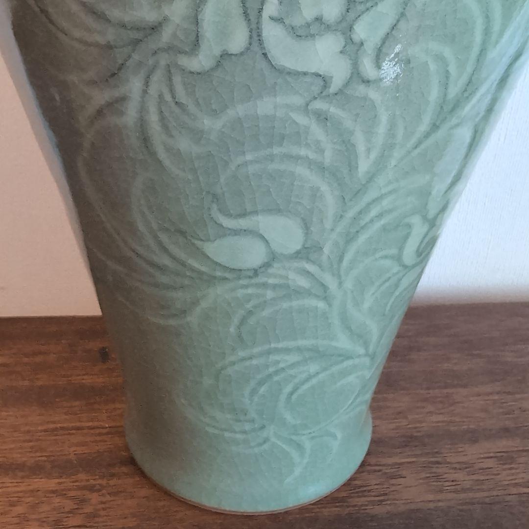 高麗青磁　白黒象嵌　朝鮮美術　梅瓶　骨董　陶芸　陶磁器　33.5cm高程