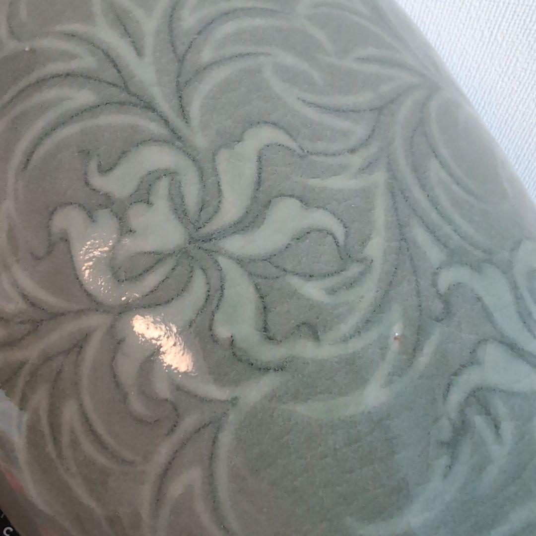 高麗青磁　白黒象嵌　朝鮮美術　梅瓶　骨董　陶芸　陶磁器　33.5cm高程