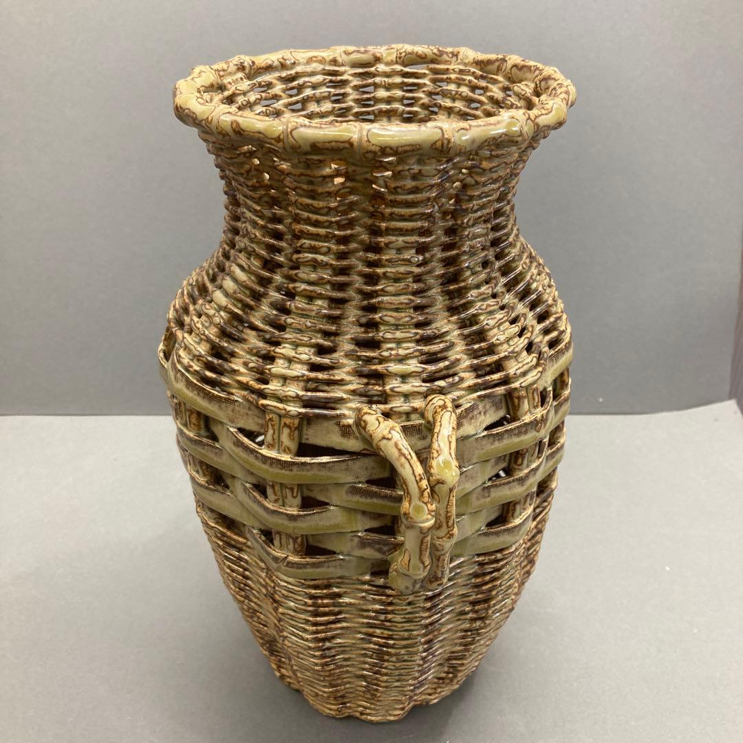 骨董品　華道道具　陶器　籠花入(そっくり)、ふこ山人　造　共箱　S1031KH