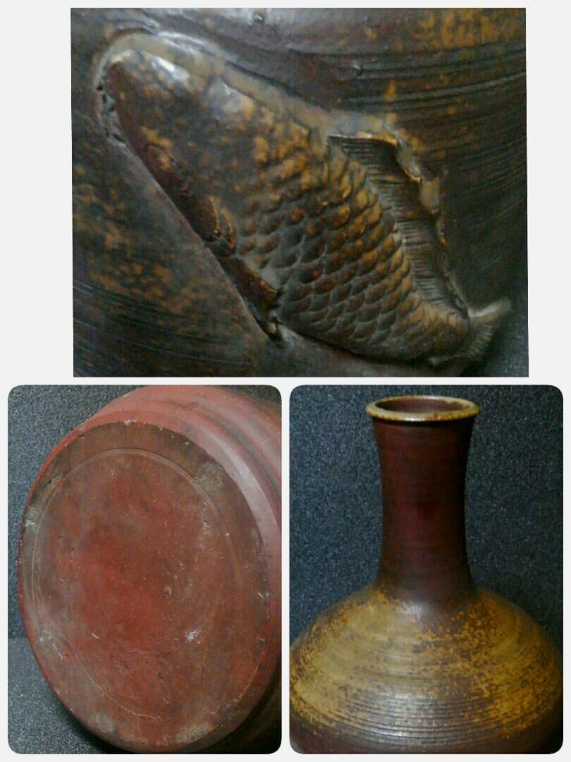 明治時代　古備前　陽刻　浮き彫り　鯉図　窯変　胡麻釉　瓢形　大徳利　花いれ