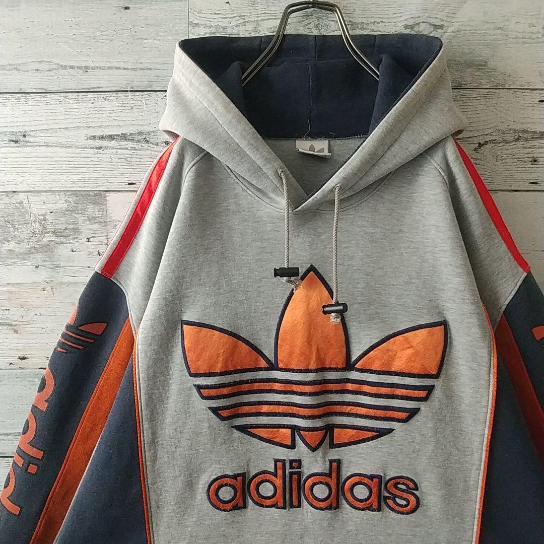希少☆90s デサント製 アディダス 刺繍 アームロゴ パーカー L～O