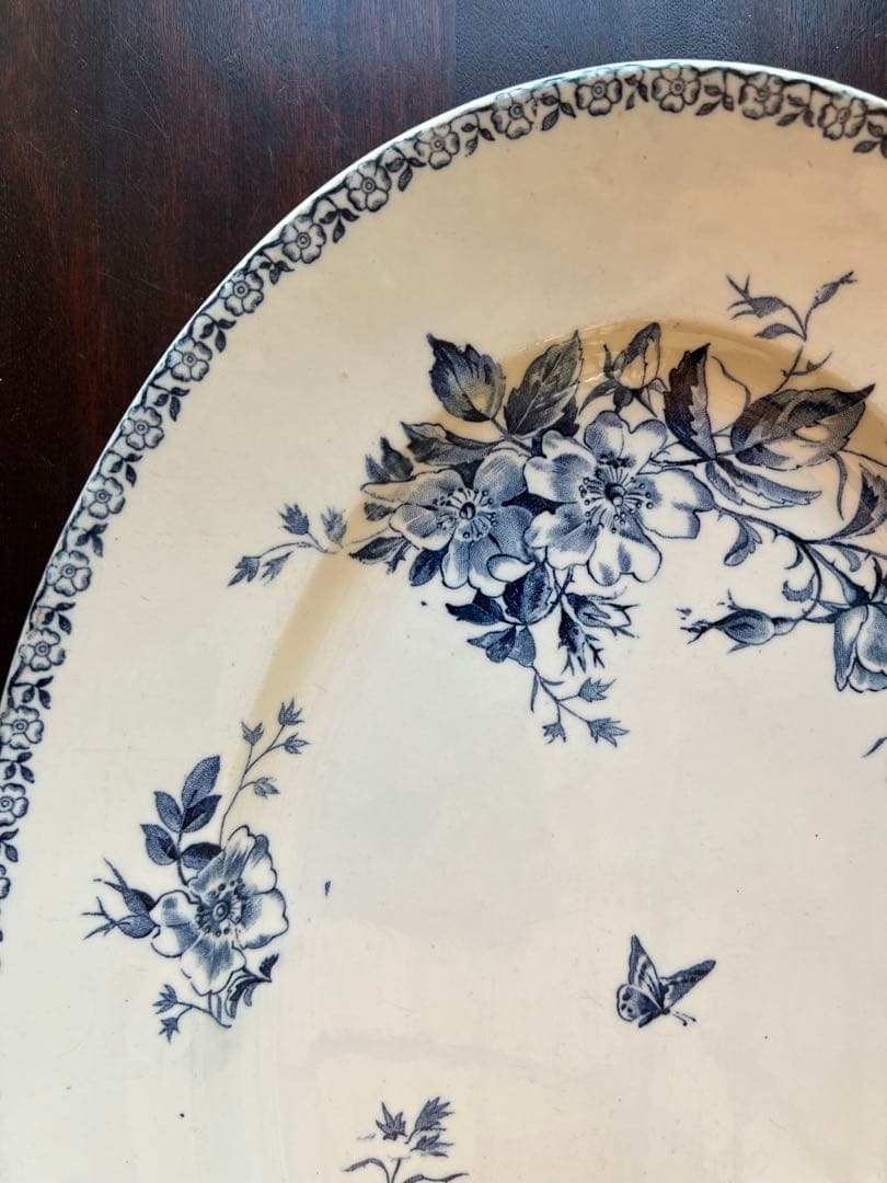 アンティーク ジアン Gien「MAI」オーバル皿 青絵・花と蝶
