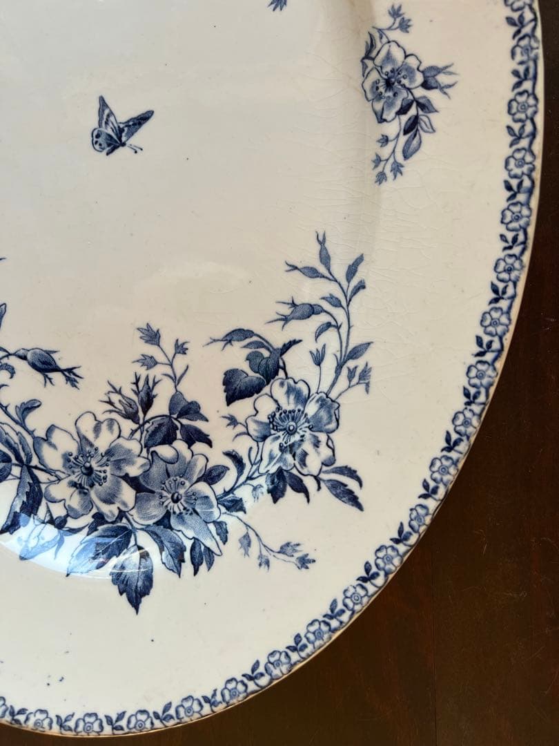 アンティーク ジアン Gien「MAI」オーバル皿 青絵・花と蝶