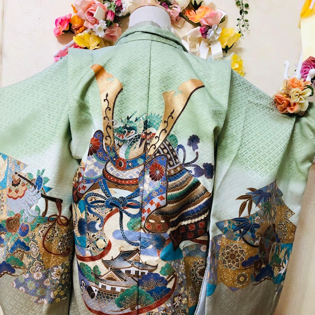 七五三着物五歳‼️完全フルセット‼️グリーン系1番人気柄兜⭐︎金蘭袴豪華際立つ秀品