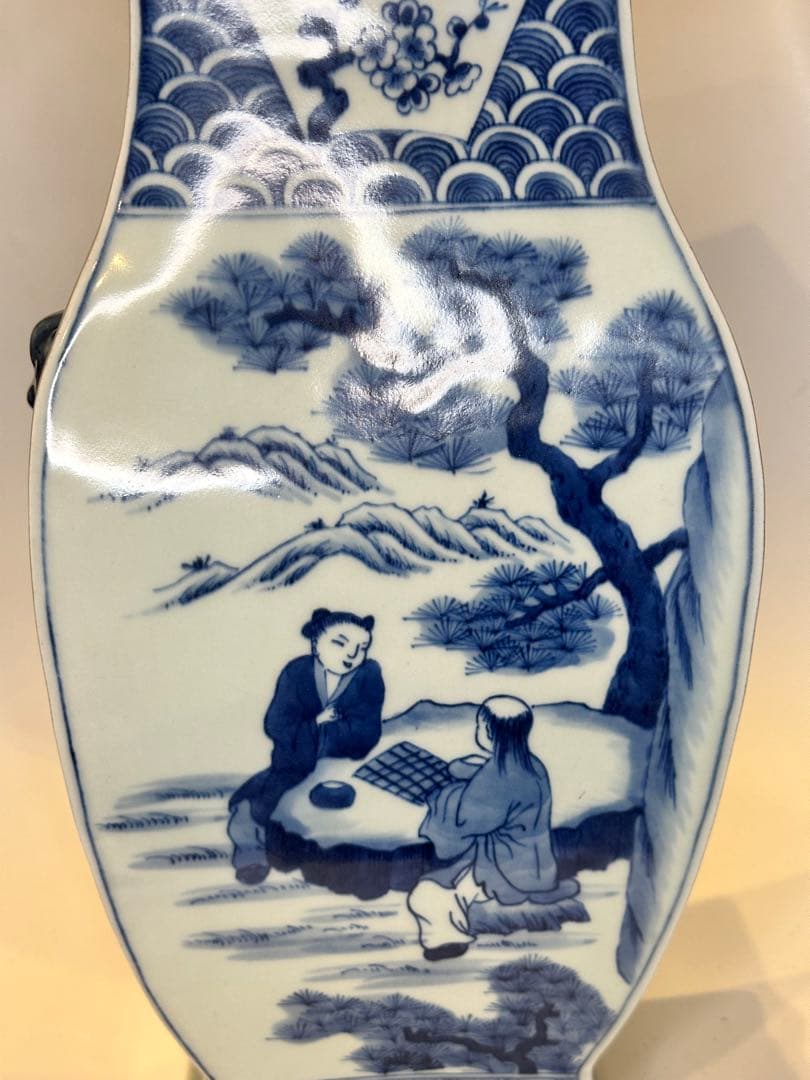 清時代 中国大清康熙年製 四方青花染付 双獅子耳花瓶 人物風景詩文 骨董品