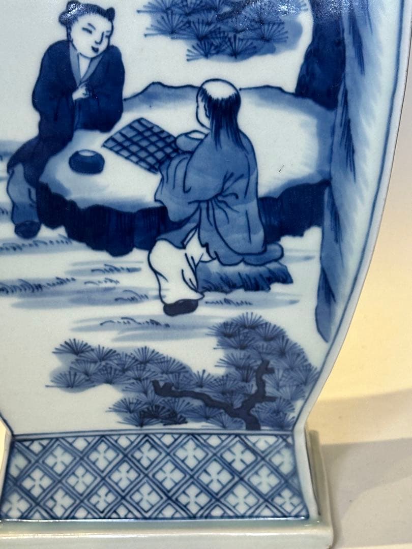 清時代 中国大清康熙年製 四方青花染付 双獅子耳花瓶 人物風景詩文 骨董品