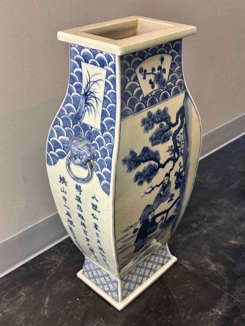 清時代 中国大清康熙年製 四方青花染付 双獅子耳花瓶 人物風景詩文 骨董品