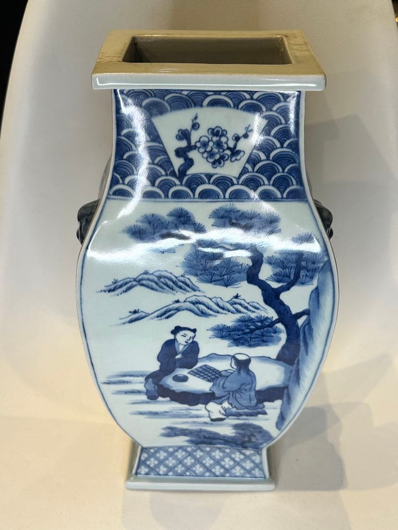 清時代 中国大清康熙年製 四方青花染付 双獅子耳花瓶 人物風景詩文 骨董品