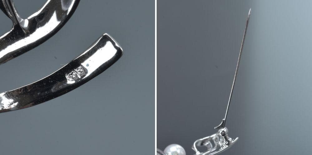 美品 ミキモト アコヤ真珠 ブローチ SV リボン 曲線 パール約6.9mm箱付