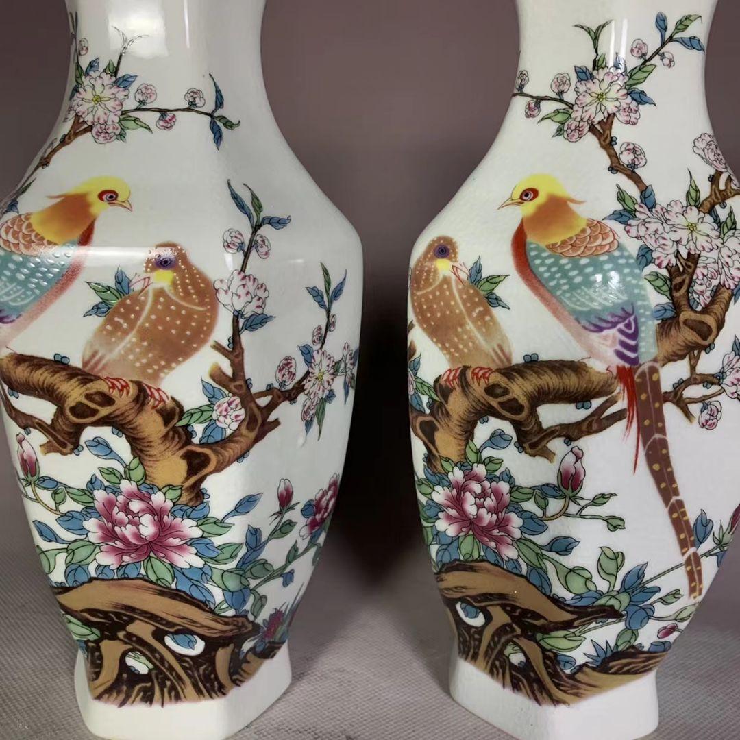 レトロなー陶磁器 ピンクの富貴な花鳥の六角花瓶 アクセサリー 置物 磁器