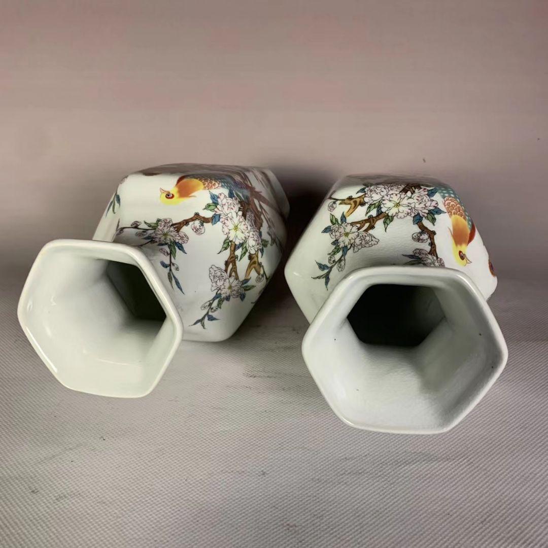 レトロなー陶磁器 ピンクの富貴な花鳥の六角花瓶 アクセサリー 置物 磁器