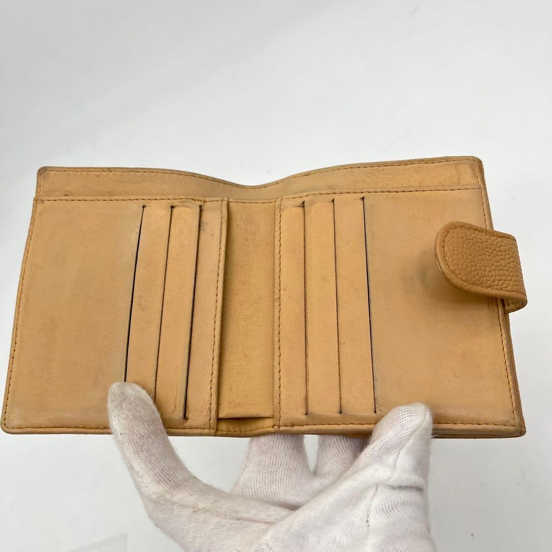 シャネル 二つ折り財布 ココマーク キャビアスキン Wホック レザー ベージュ