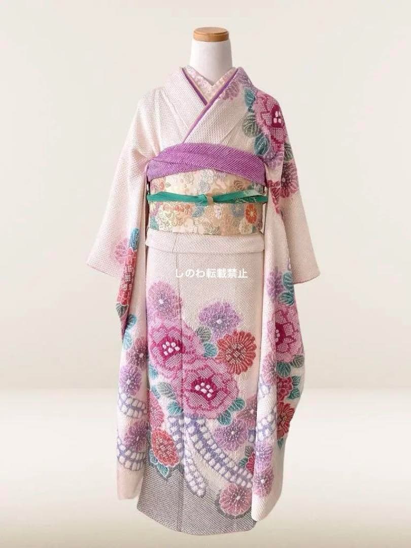 藤娘きぬたや総絞り振袖　落款入り(証明有り)　7点フルセット