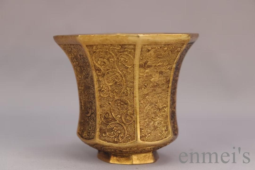 中国古美術 旧蔵 唐代 大唐貞觀款 鍍金銅酒杯 精銅製 鍍金 文房雅器 酒具